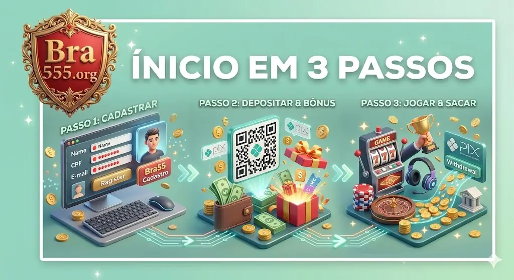 Guia de início no Bra55: 3 passos simples para cadastrar, depositar via PIX e ganhar bônus exclusivos